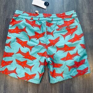 Zipcode Mens‎ Shark Print Cotton Shorts Turquoise Red Elastic Waist Size L NWT